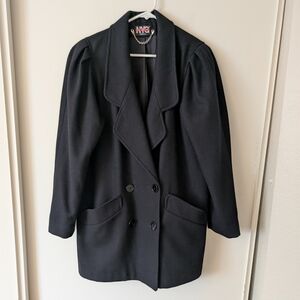 Vintage NYG Womens 12 Wool Blend Long Pea Coat Black Classic Outdoors Preppy
